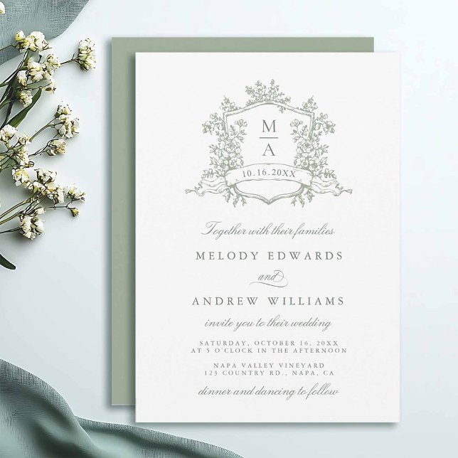 Convite Sage Green Classy Floral Crest Wedding Invitation (Criador carregado)