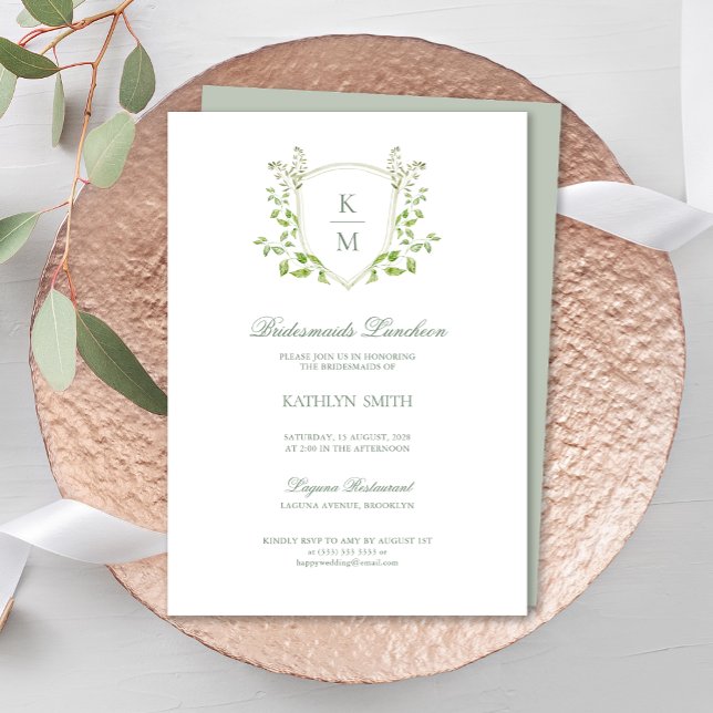 Convite Sage Green Crest Monograma Bridesmaids Luncheids (Criador carregado)