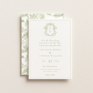Convite Sage Green Crest Monograma Wedding