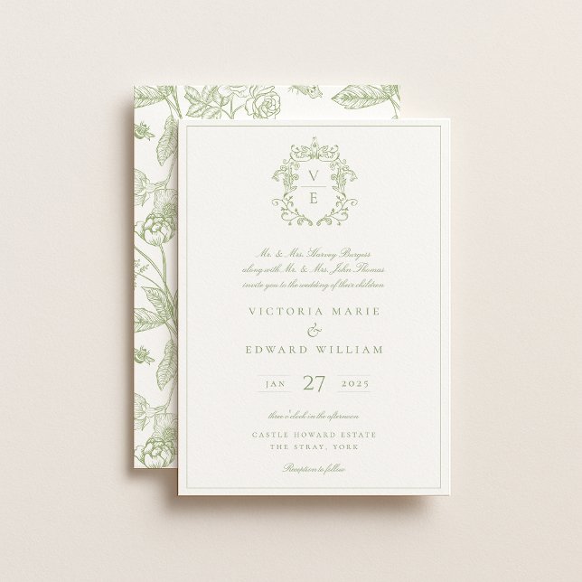 Convite Sage Green Crest Monograma Wedding (Criador carregado)