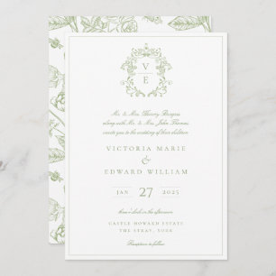 Convite Sage Green Crest Monograma Wedding