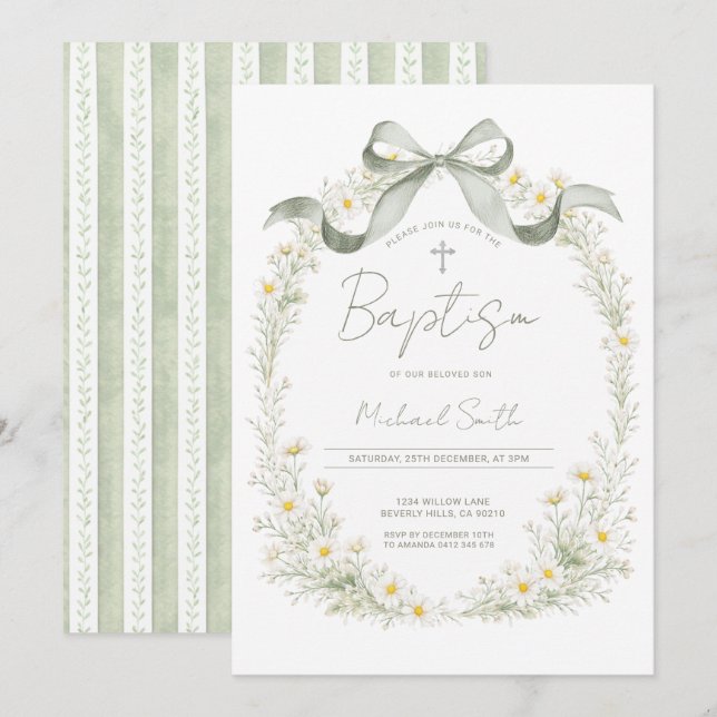 Convite Sage Green Cross Daisy Baptism Invitation (Frente/Verso)