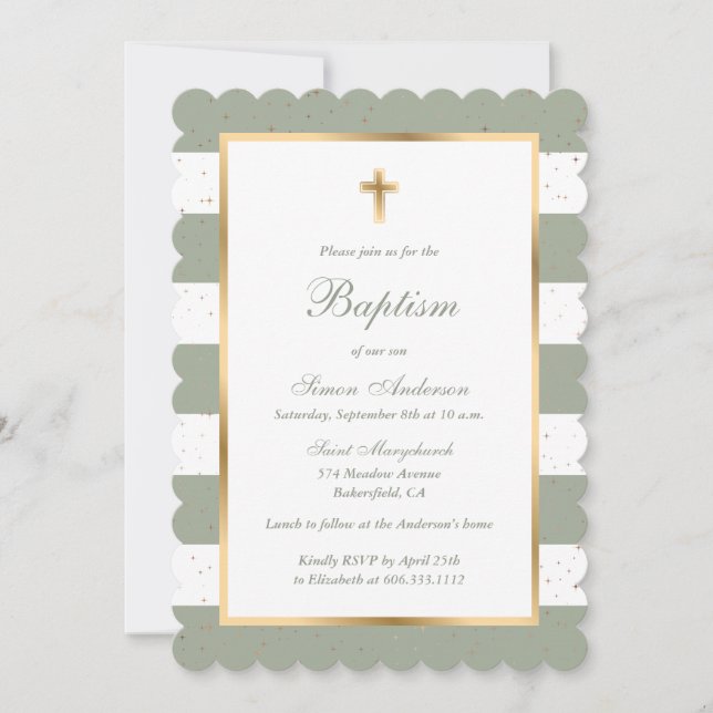 Convite Sage Green Cross Stars Strike Baptism (Frente)