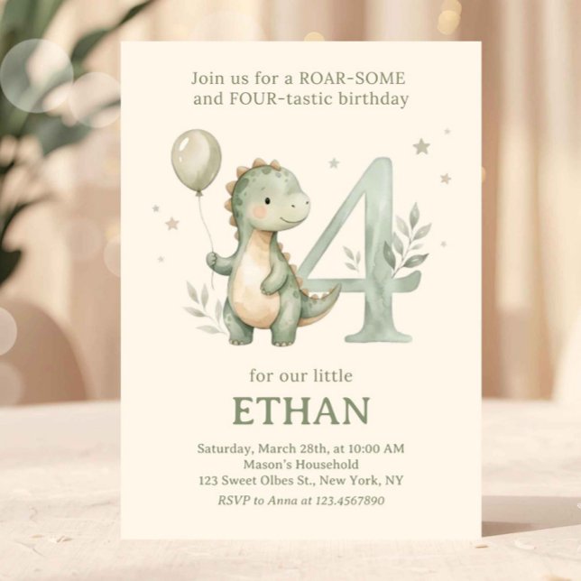 Convite Sage Green Cute Dinosaur 4th Birthday (dinosaur birthday invitation, 4th birthday invite, dino party invitation, roarsome four invite, dino)