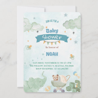 Convite Sage Green Cute Elephant Teddy Bear Boy Baby