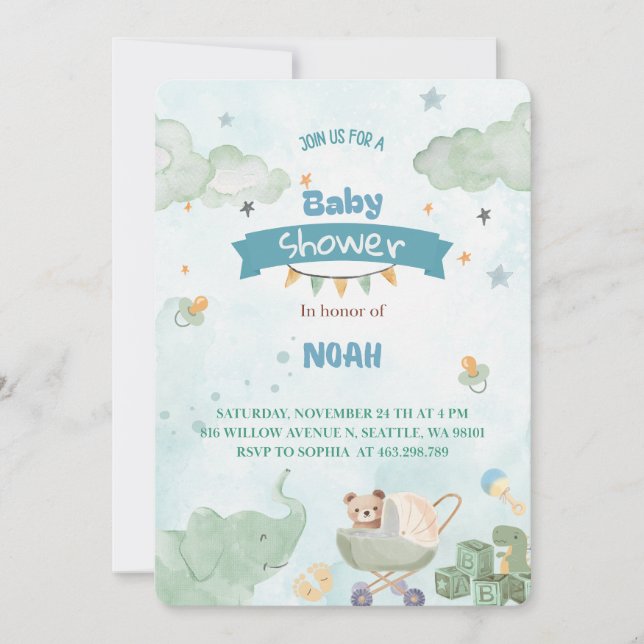 Convite Sage Green Cute Elephant Teddy Bear Boy Baby (Frente)