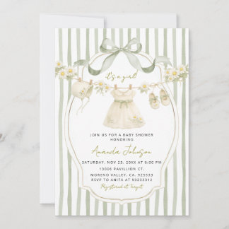 Convite Sage Green Daisy Clothesline Baby Shower Invite