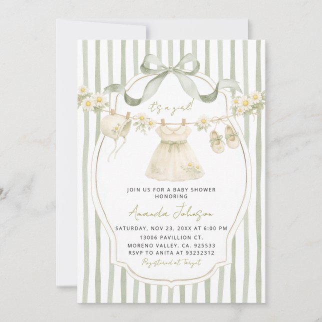 Convite Sage Green Daisy Clothesline Baby Shower Invite (Frente)