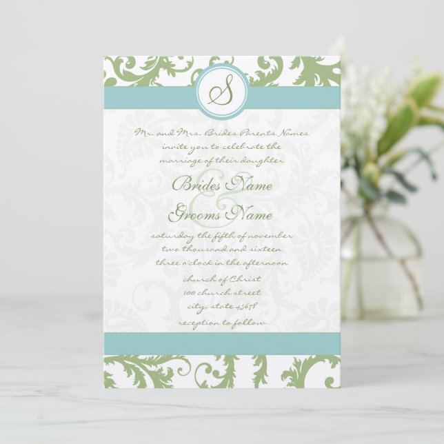Convite Sage Green Damask e Aqua Casamento tema damasco In (Em pé/Frente)