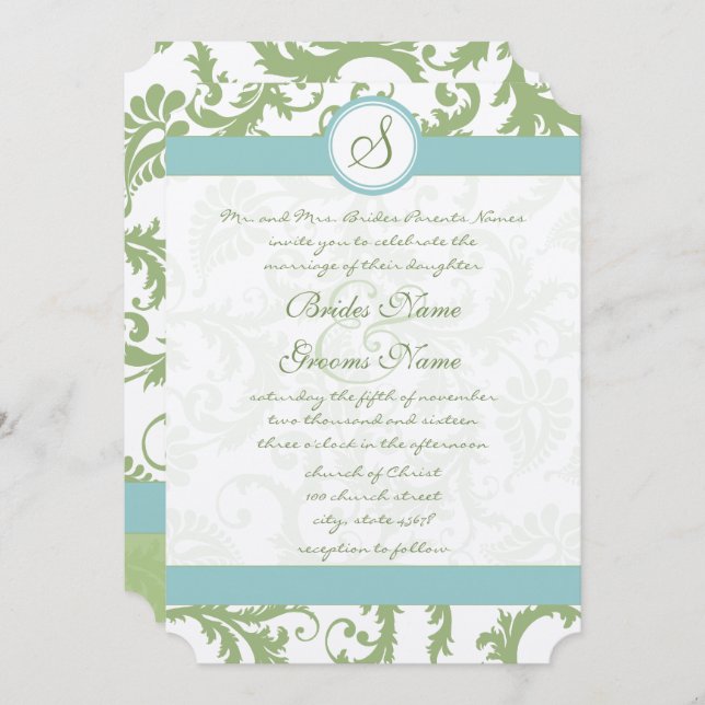 Convite Sage Green Damask e Aqua Casamento tema damasco In (Frente/Verso)
