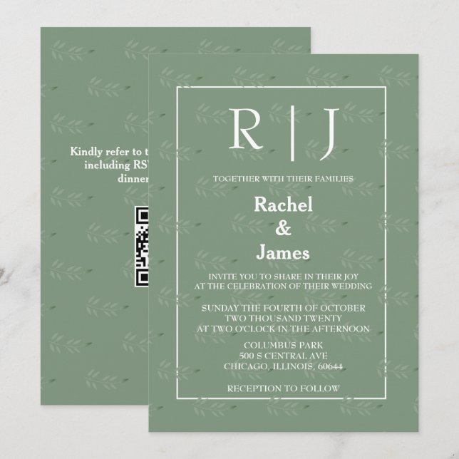 Convite Sage Green Deixa Código QR Casamento Monograma (Frente/Verso)