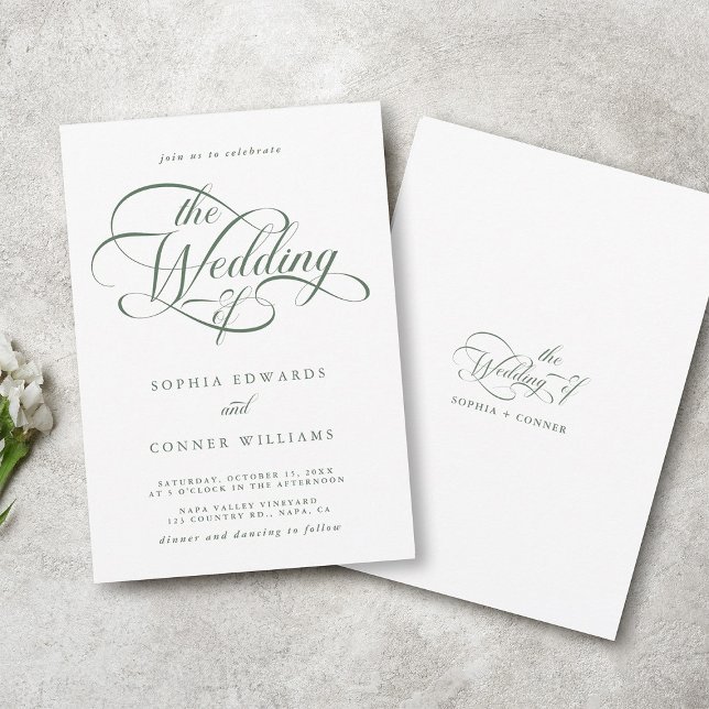 Convite Sage Green Delicate Elegant Script Wedding (Front & Back)