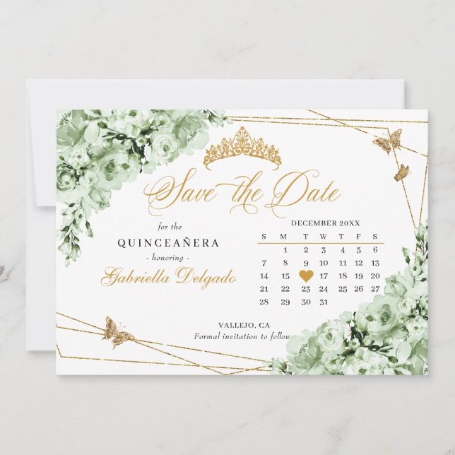 Convite Sage Green & Dourada Quinceañera Salve A Data (Frente)