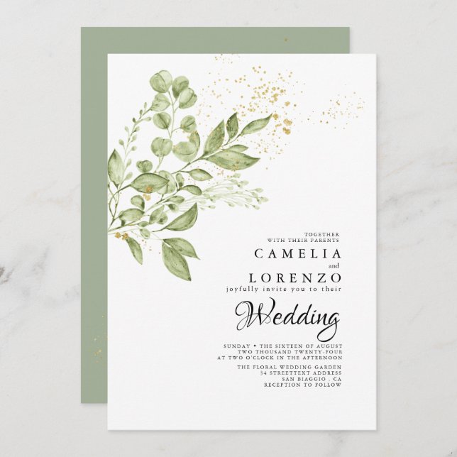 Convite Sage Green Dourado Boho Greenery Casamento (Frente/Verso)