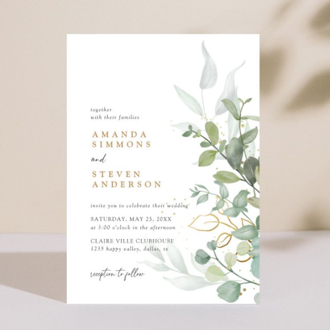 Convite Sage Green Dourado Casamento Eucalyptus Greenery B (Criador carregado)