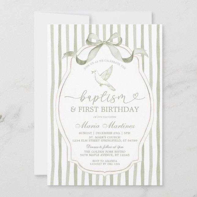Convite Sage Green Dove Baptism First Birthday (Frente)