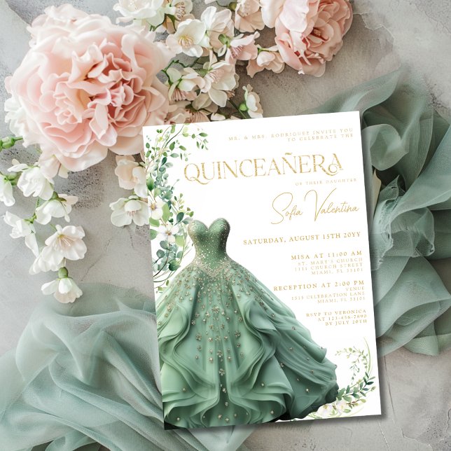Convite Sage Green Dress Gown Floral Princesa Quinceañera (Sage Green Dress Gown Floral Princess Quinceañera Invitation)