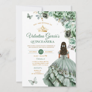 Convite Sage Green Dress Quinceañera 15 Anos Flores Dourad