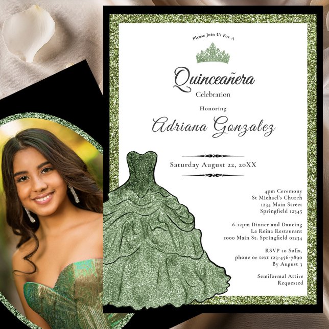 Convite Sage Green Dress & Tiara Custom Photo Quinceanera (Criador carregado)