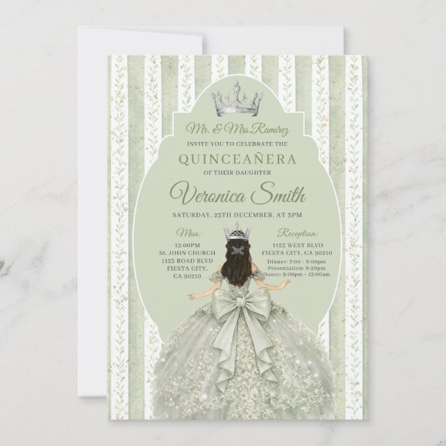Convite Sage Green Dress with Bow Quinceañera Birthday (Frente)