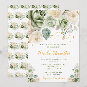 Convite Sage Green e Cream Floral Chá de fraldas