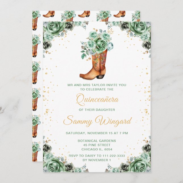 Convite Sage Green e Dourada Cowboy Boot Quinceañera (Frente/Verso)