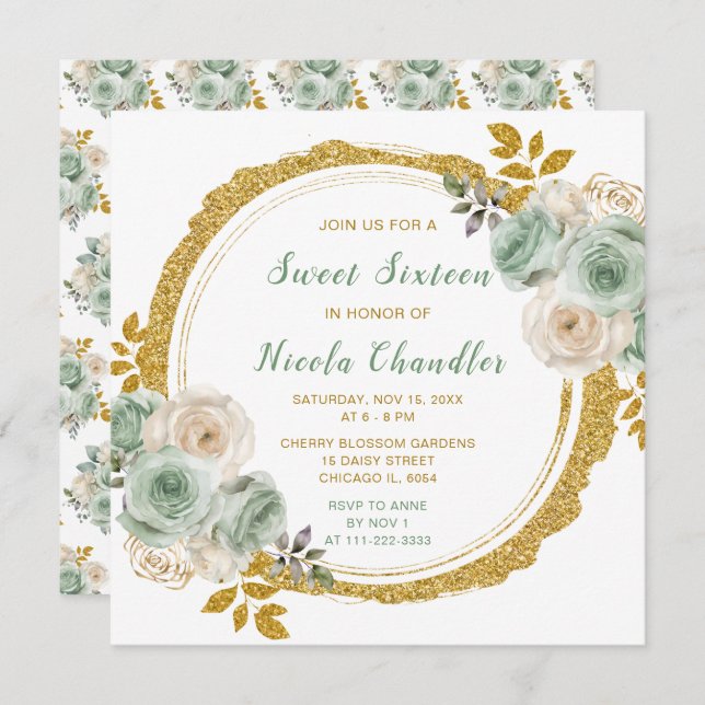 Convite Sage Green e Douradas Flores Elegantes Doce Dezess (Frente/Verso)