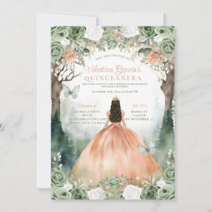Convite Sage Green e Orange Quinceañera 15 Anos Flores