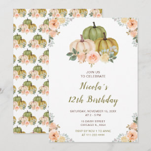 Convite Sage Green e Peach Floral Pumpkins Aniversário