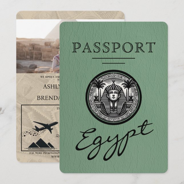 Convite Sage Green Egypt Passport Wedding Invitation (Frente/Verso)