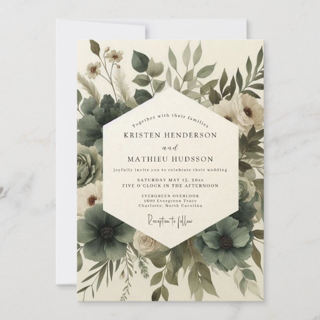 Convite Sage Green Elegant Anemone Wedding (Frente)