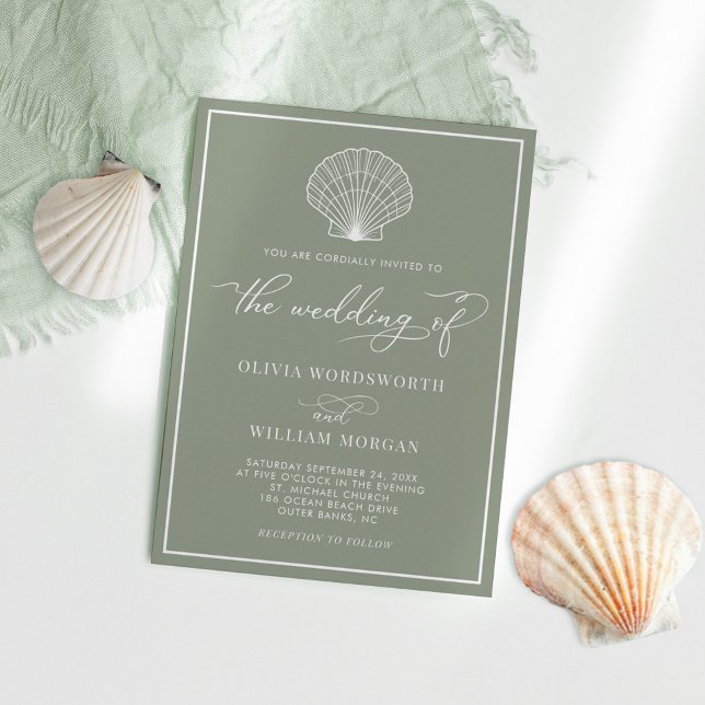 Convite Sage Green Elegant Beach Seashell Wedding (Criador carregado)