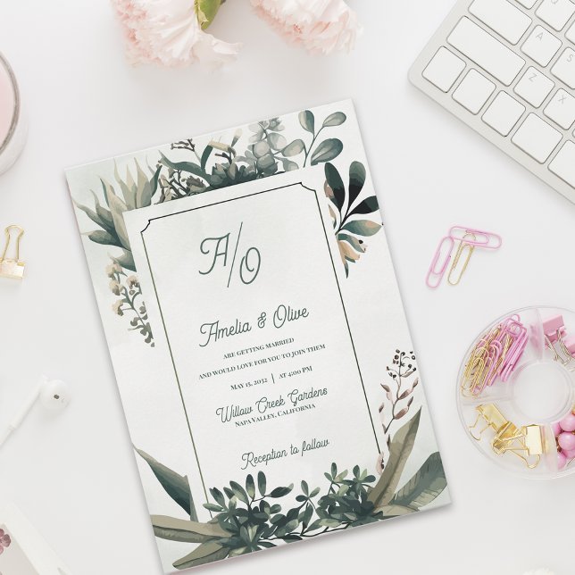 Convite Sage Green Elegant Botanical Greenery Wedding (Elegant Botanical Greenery Wedding Invitation Set | Sage Green Frame Garden Wedding Invite)