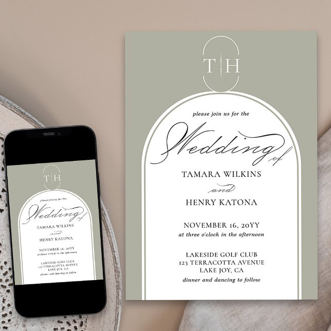 Convite Sage Green Elegant Calliografia Monogramada (Elegant monogrammed sage green wedding invitation from my Wedding Colors collection)