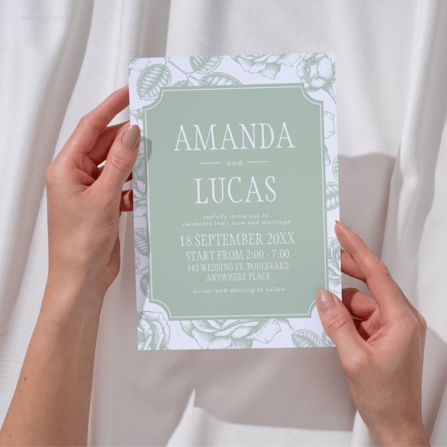 Convite Sage Green Elegant Chinoiserie Weding (Sage Green Vintage Elegant Wedding Invitation)