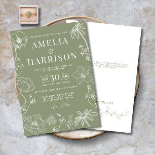 Convite Sage Green Elegant Floral Line Art Wedding