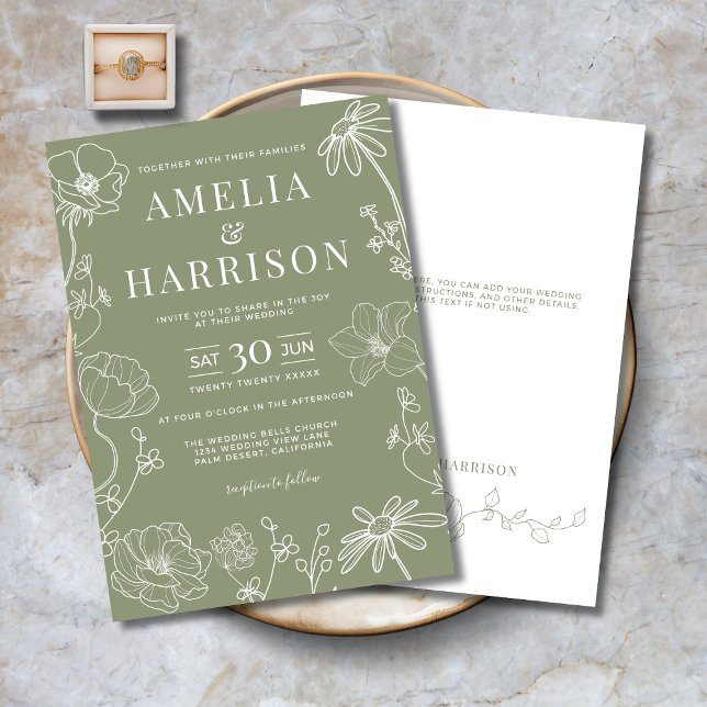 Convite Sage Green Elegant Floral Line Art Wedding (Sage Green Elegant Floral Line Art Wedding Invitation with Optional Text on Back.)