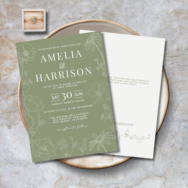 Convite Sage Green Elegant Floral Wedding (Sage Green Elegant Floral Wedding Invitation with Line Art Flowers, Optional Text on Back.)