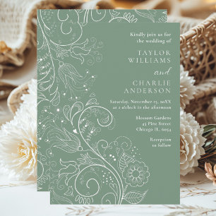 Convite Sage Green Elegant Floral Wedding