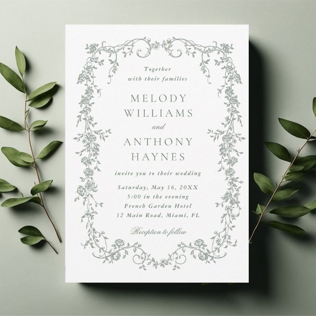 Convite Sage Green Elegant French Floral Wedding  (Criador carregado)