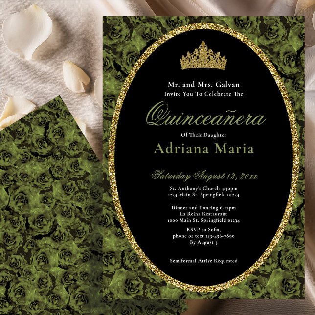 Convite Sage Green Elegant Gold Floral Quinceanera   (Criador carregado)