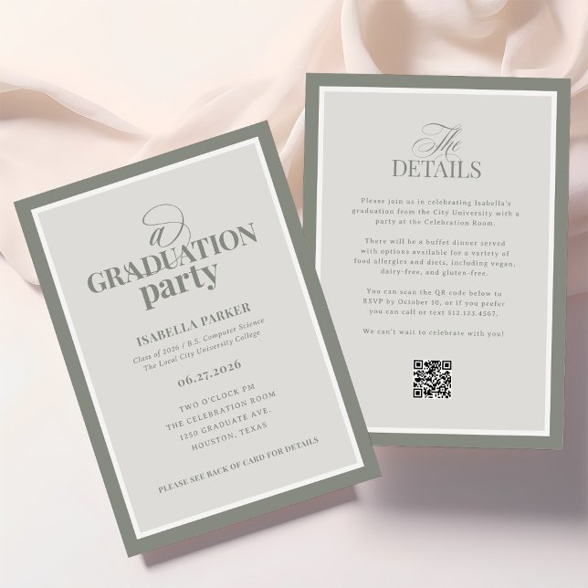 Convite Sage Green Elegant Graduation Party | RSVP QR Code (Criador carregado)