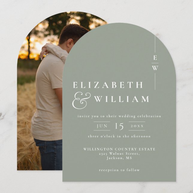 Convite Sage Green Elegant Monograma Foto Arch (Frente/Verso)