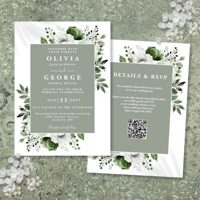 Convite Sage Green Elegant Rustic Floral Código QR Casamen (Sage Green Elegant Rustic Floral QR Code Wedding Invitation)