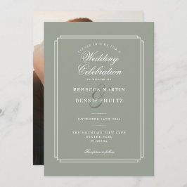 Convite Sage Green Elegant Script Art Deco Foto Casamento