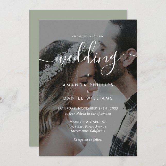 Convite Sage Green Elegant Script Photo Wedding (Frente/Verso)