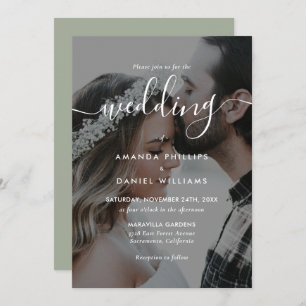 Convite Sage Green Elegant Script Photo Wedding