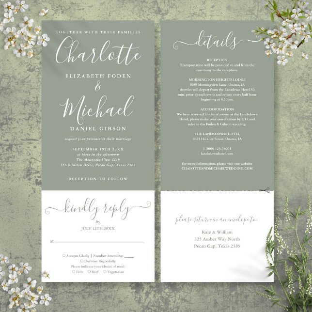 Convite Sage Green Elegant Script Tudo Em Um Casamento (Sage Green Elegant Script All In One Wedding Invitation)