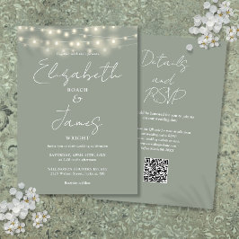 Convite Sage Green Elegant String Luzes QR Code Casamento
