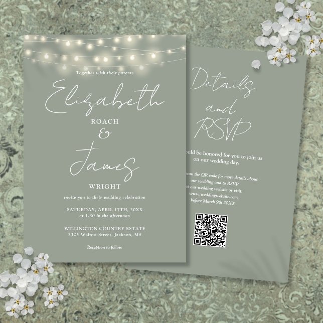 Convite Sage Green Elegant String Luzes QR Code Casamento (Sage Green Elegant String Lights QR Code Wedding Invitation)
